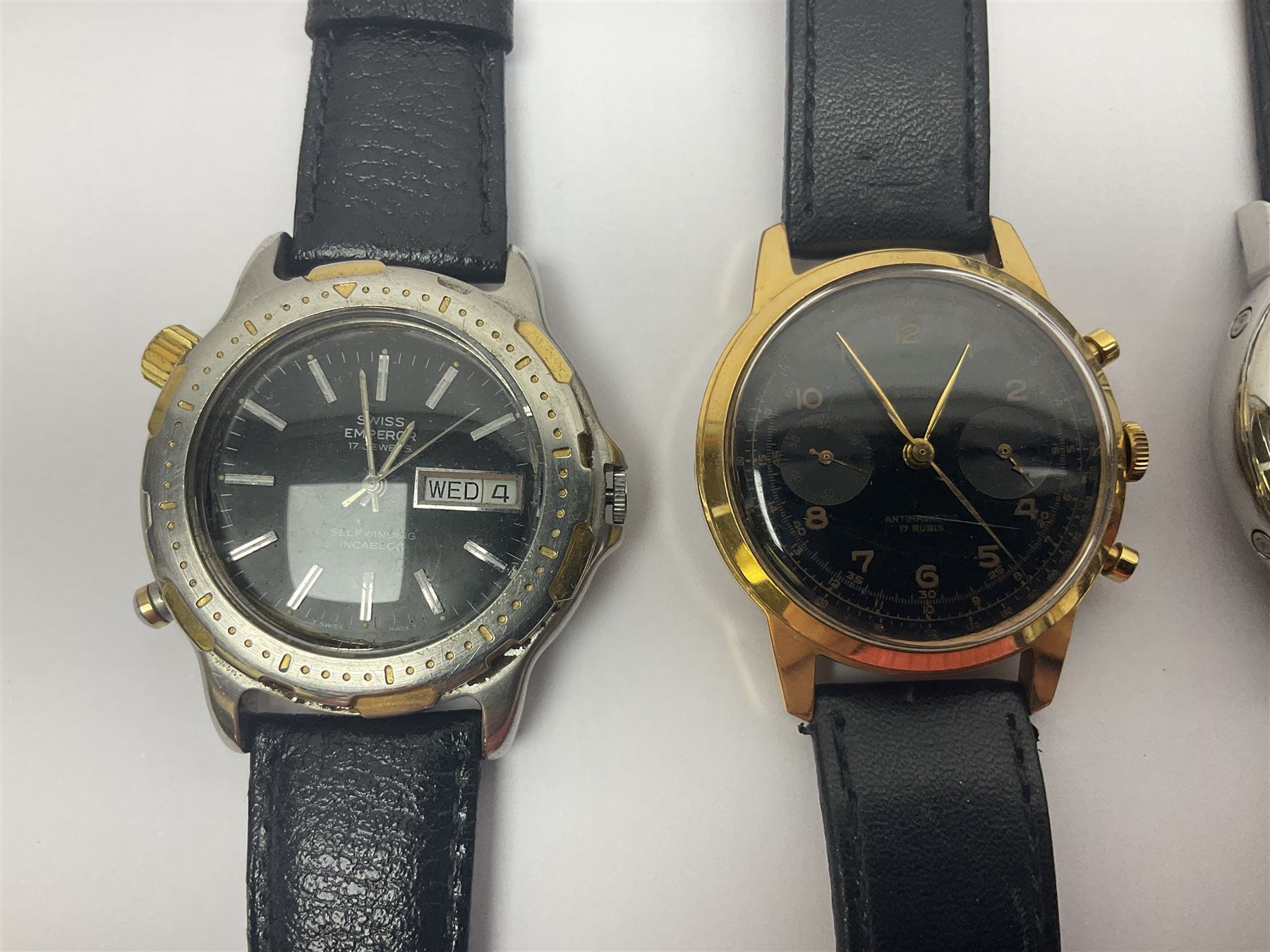 Three automatic wristwatches including Seiko, Debert chronograph and Swiss Emperor and four manual wind wristwatches including Chronograph Swiss, Interpol, Mithras chronograph and Oris