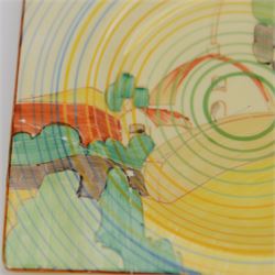 Clarice Cliff Biarritz sandwich set, comprising a rectangular platter and six side plates, all in the Brookfields pattern, the platter with printed Clarice Cliff Newport Pottery and The Biarritz Royal Staffordshire mark beneath, platter H23cm, W19.5cm
