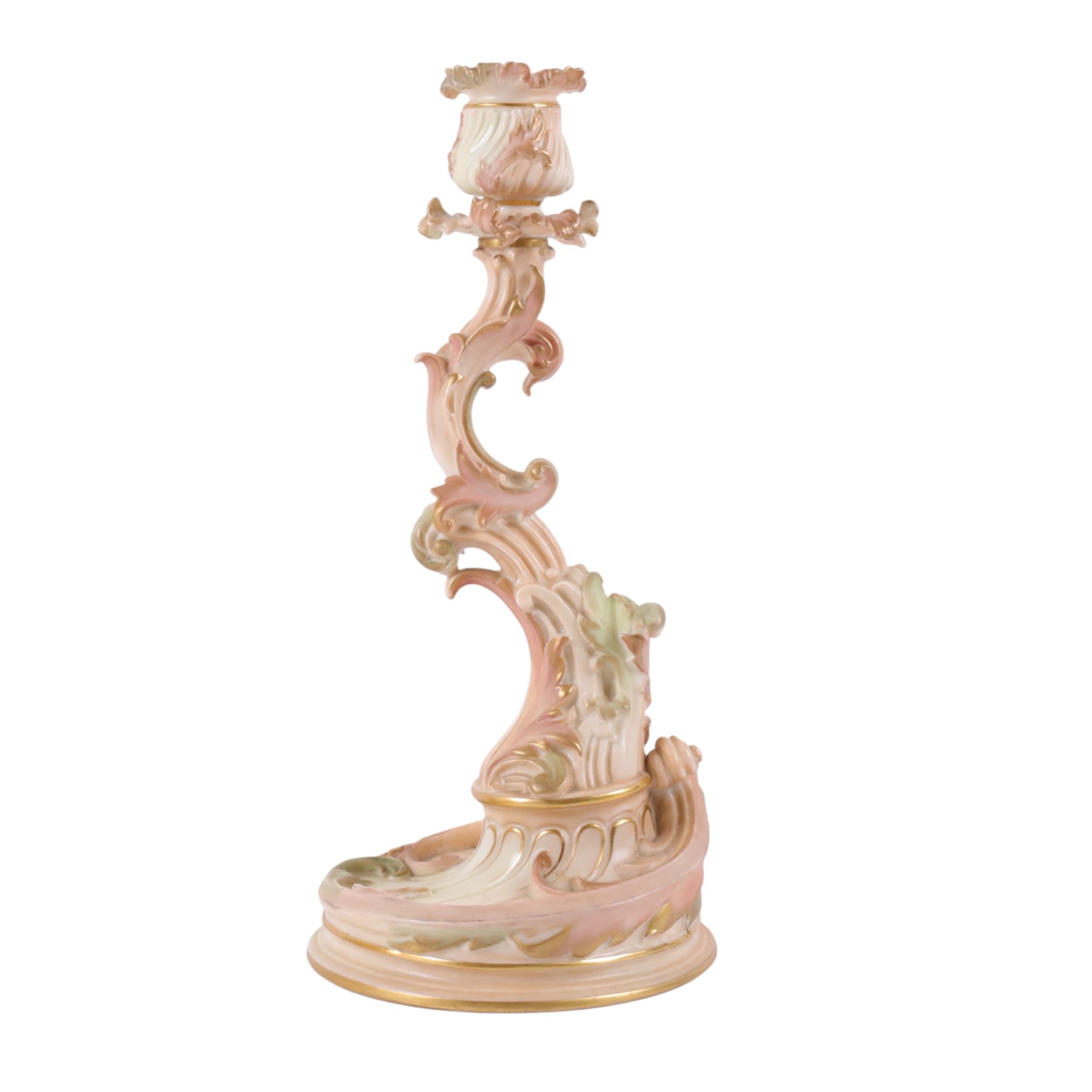 Royal Worcester pair of blush ivory candlesticks, modelled in the rococo style of scrolling foliate design upon a circular spreading base, gilt-heightened, puce mark to base and numbered RN160134 and 1478, H32cm