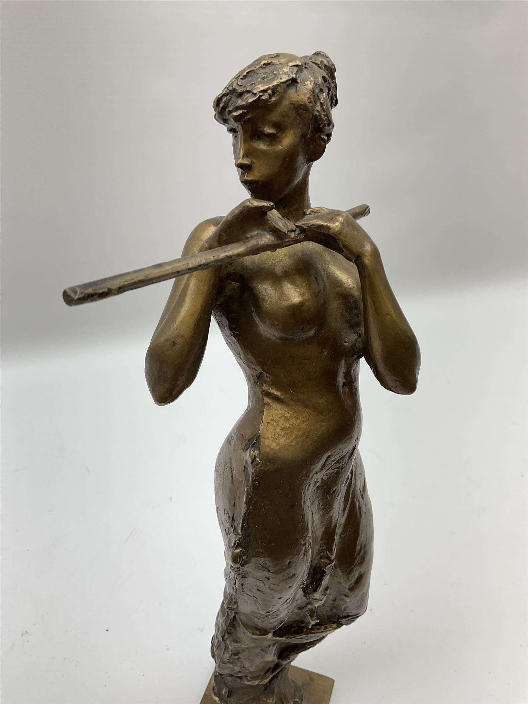 Sasa Zahradnik (Czech, B1950), bronze figure of a female flute player, with impressed stamp to the base, H34cm