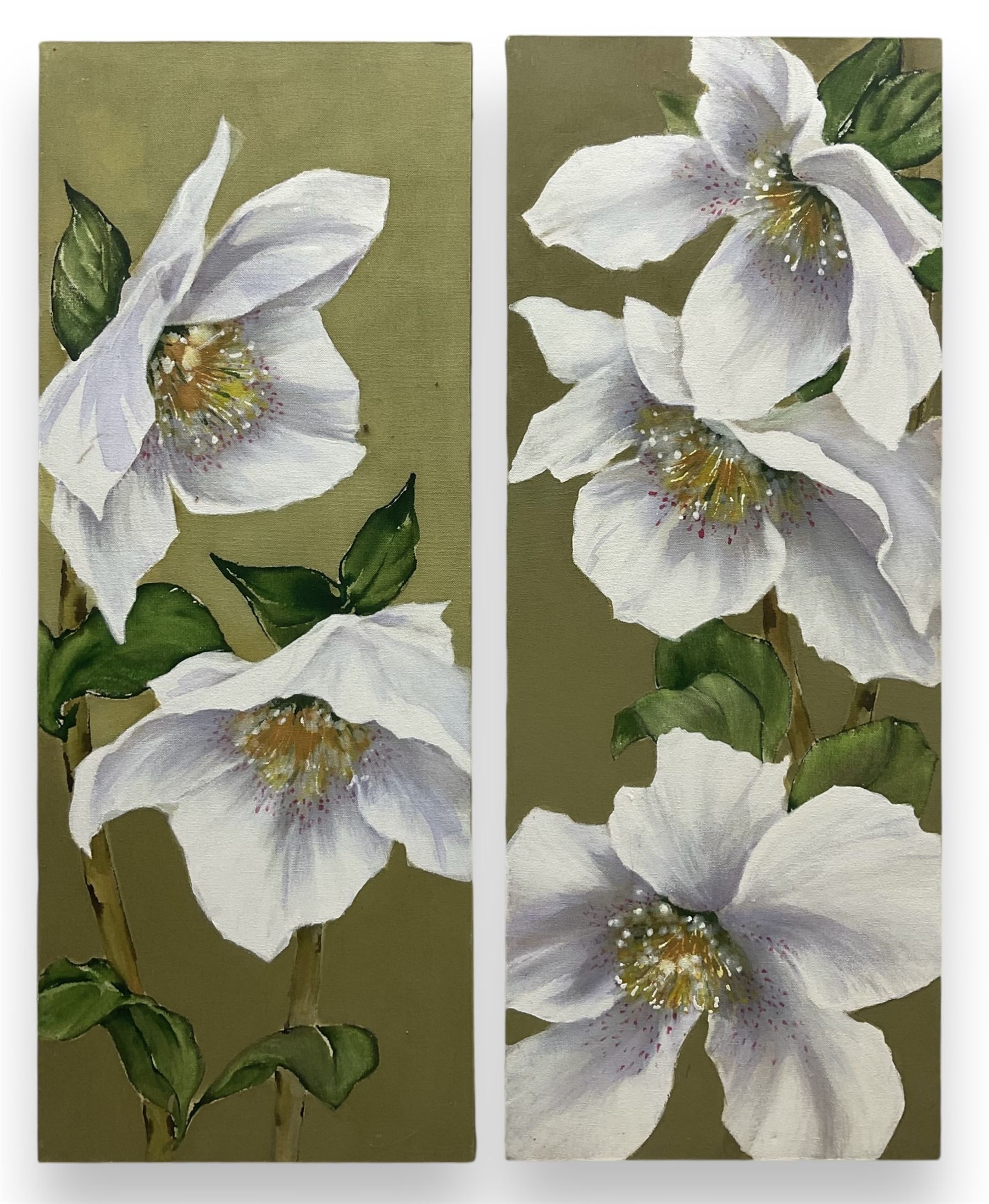 Maggie Thompson (Yorkshire Contemporary): 'Hellebores I & II', pair acrylics on canvas signed, 85cm x 33cm  (2)