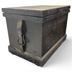 20th century black painted camphorwood lined tool chest, rectangular hinged lid over moulded edge, black painted exterior with iron straps and carry handles, the interior fitted with sliding lidded trays and drawers with turned handles, containing an assortment of hand tools