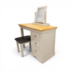 Modern bedroom suite comprising; a dresser, blanket box, bedside table, oak tops over a pale blue with wooden turned knobs

Dresser (H 77cm, D 48cm, W 107cm)
Blanket box (H 51cm, D 48cm W 91cm)
Bedside table (H 64cm, D 39cm, W 54cm)