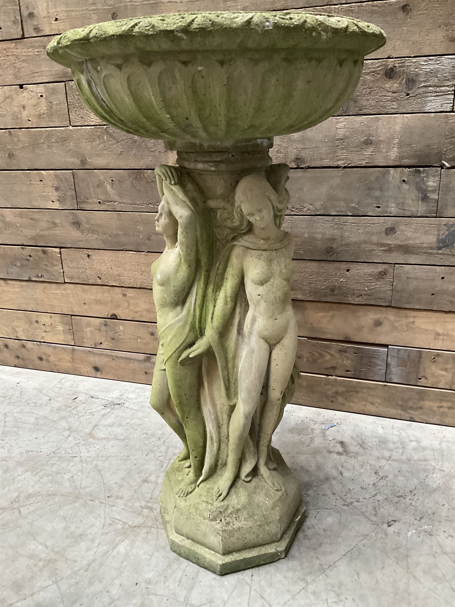 Cast stone bird bath, pedestal in the form of 'The Three Graces'