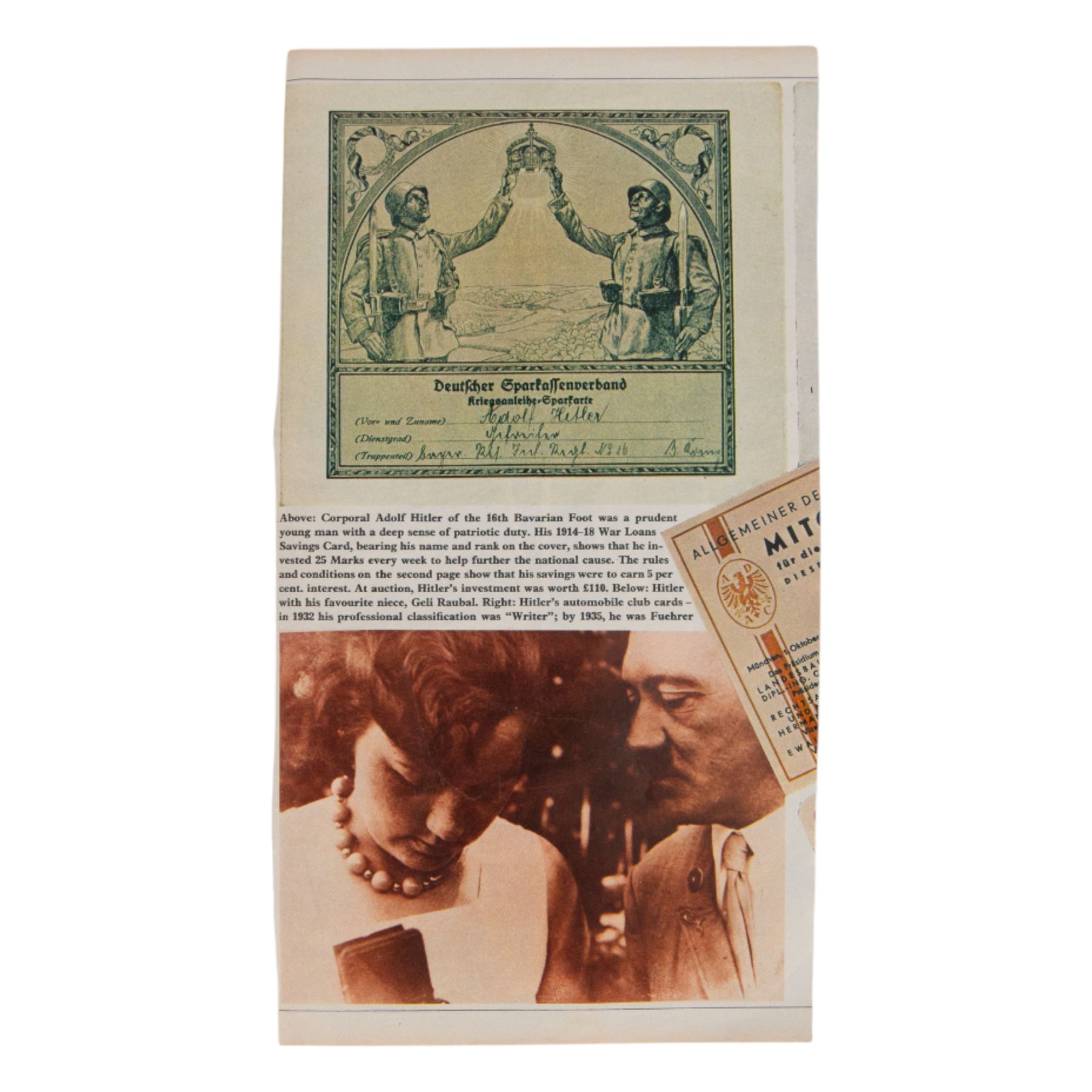 Photograph of Adolf Hitler, together with photograph of Hitler's neice Geli Raubal, an original types letter from Hitler's sister Laula Hitler and a spare savings book belonging to Hitler 
