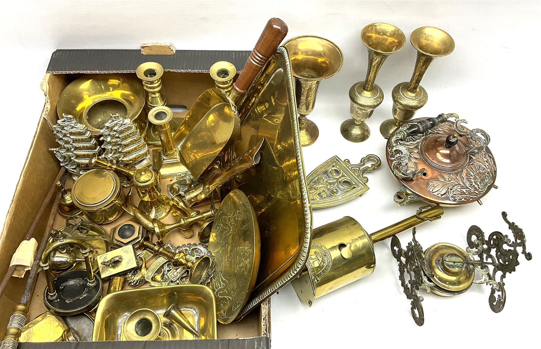 Quantity of brass to include Victorian roasting bottle jack by John Linwood, pair of candlesticks and further miniature candlesticks, rectangular tray, vases etc in two boxes