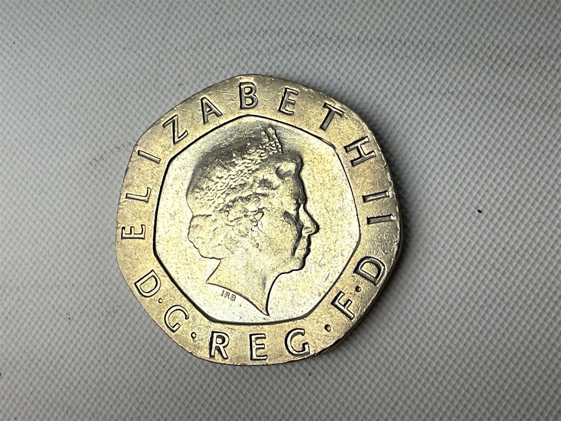 Queen Elizabeth II undated error twenty pence coin, from 2008