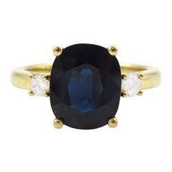 18ct gold three stone sapphire and round brilliant cut diamond ring, hallmarked, sapphire ...