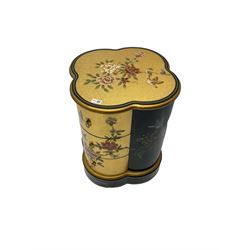 Black and gold lacquered Chinese design three drawer chest, painted with bird and floral scenes