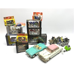 Various makers - sixteen die-cast models of motorcycles by Britains, Welly, Saico etc, ten boxed; Bburago 1:18 scale model of 1957 Chevrolet Corvette, unboxed; and tin-plate model car