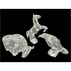 Three Swarovski Crystal animal figures, comprising buffalo, eagle and rearing Horse, tallest H17cm