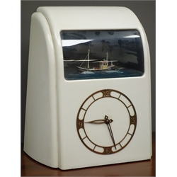  Early 20th century 'Vitascope' Art Deco style clock, with automated ship, in white case, H31cm   