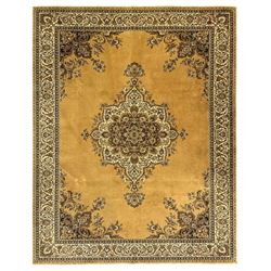 Persian design golden beige ground rug, the field with symmetrical scrolling foliate and floral designs, central floral medallion, bordered by a multi-layered band with floral and vine patterns in contrasting beige and dark brown tones