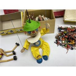 Vintage toys comprising 'Docking RMS Queen Mary' game, two boxed Pelham puppets, quantity of painted metal British soldiers to include Guardsmen, painted farm animal figures