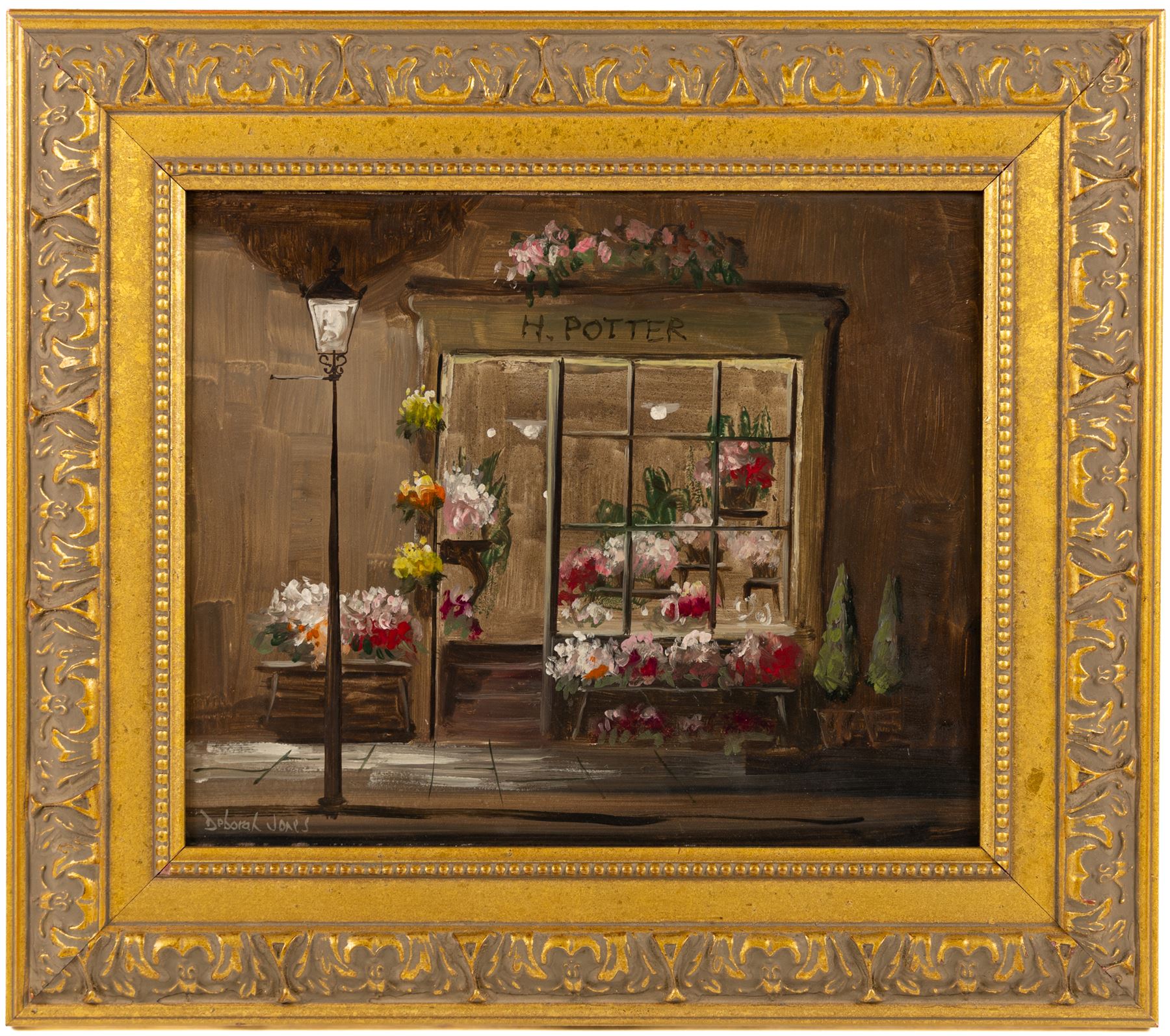 Deborah Jones (British 1921-2012): Flower Shop at Dusk, oil on board signed 25cm x 30.5cm