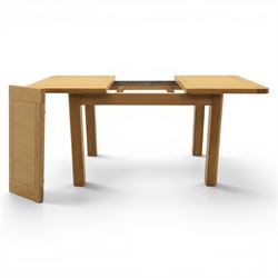 Modern oak extendable table and four chairs, extending top with stowable leaf (Extends to 152cm), chairs with brown upholstery and tapered square legs