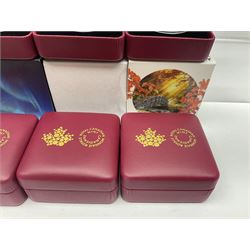 Eleven Royal Canadian Mint fine silver twenty dollar coins, including 2016 'A Royal Tour', 2017 'A Platinum Celebration', 2018 'A Nation's Mettle The Dieppe Raid', 2019 'Give Peace A Chance 50th Anniversary' etc, all cased with certificates