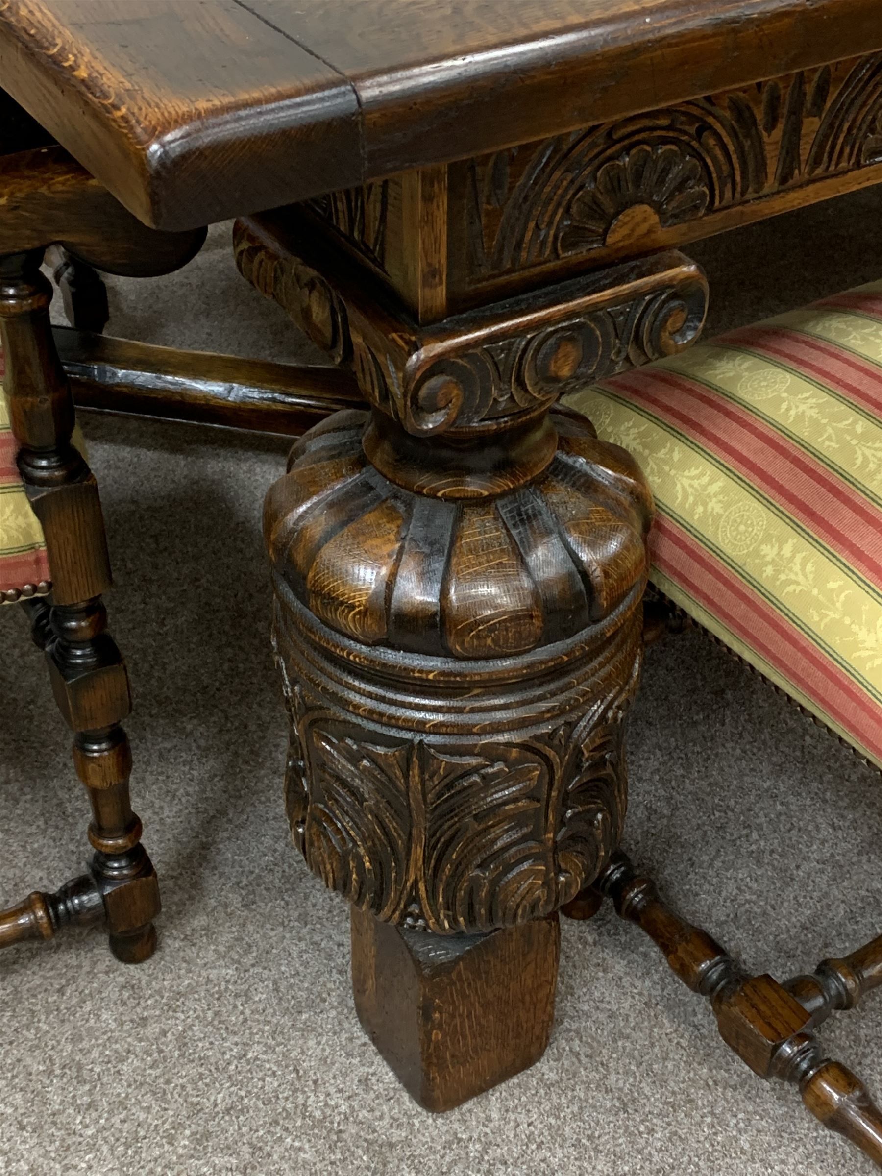 Royal Oak Furniture Co Jacobean style oak dining table, rectangular top with a carved