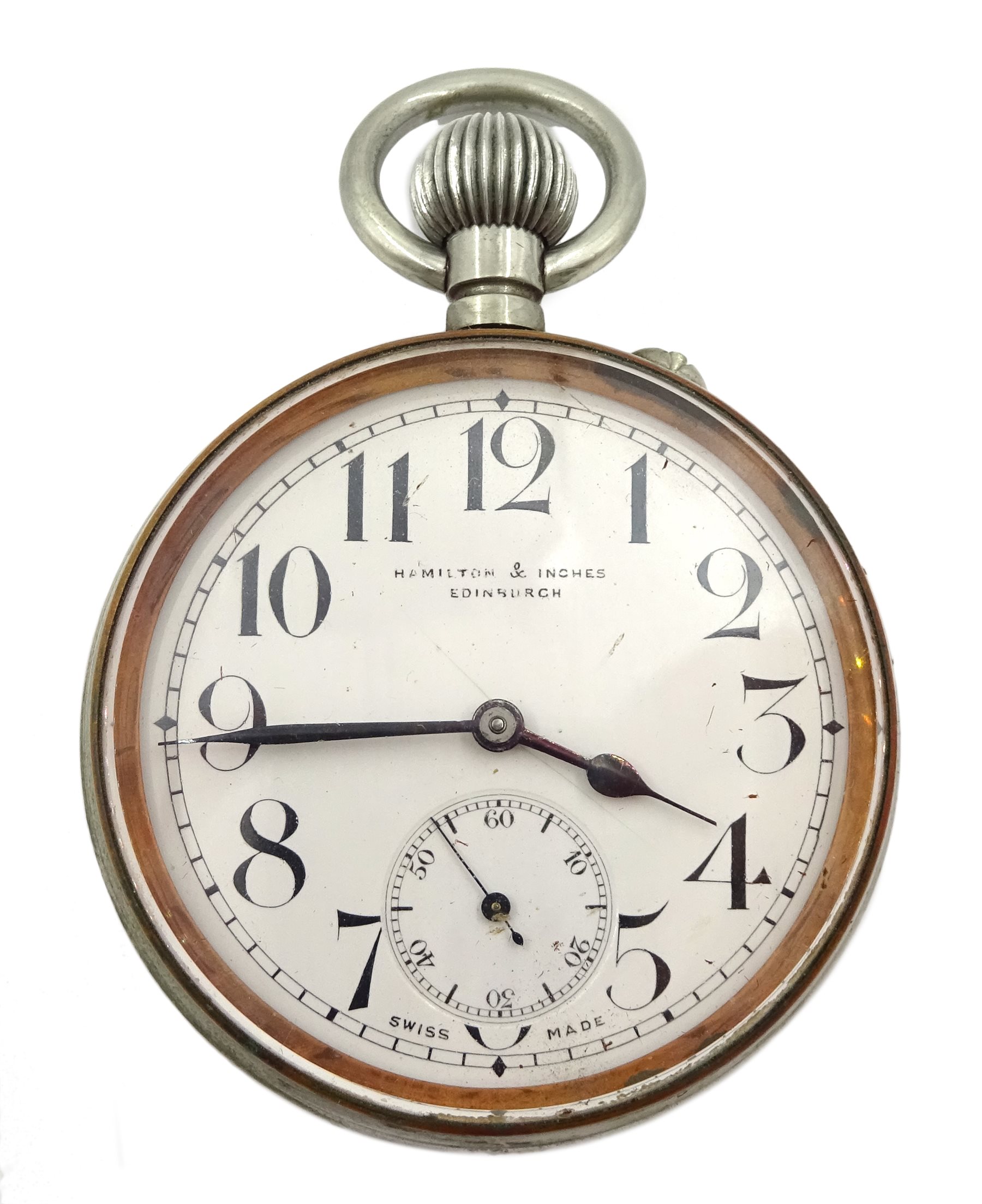 Swiss Goliath nickle cased pocket watch, movement stamped 7032, retailed by Hamilton & Inches, Edinburgh, with crocodile effect leather fitted case also by Hamilton & Inches 