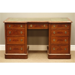  Victorian mahogany twin pedestal desk, moulded reverse break front with inset leather top, nine drawers, on plinth base, W130cm, H73cm, D61cm  