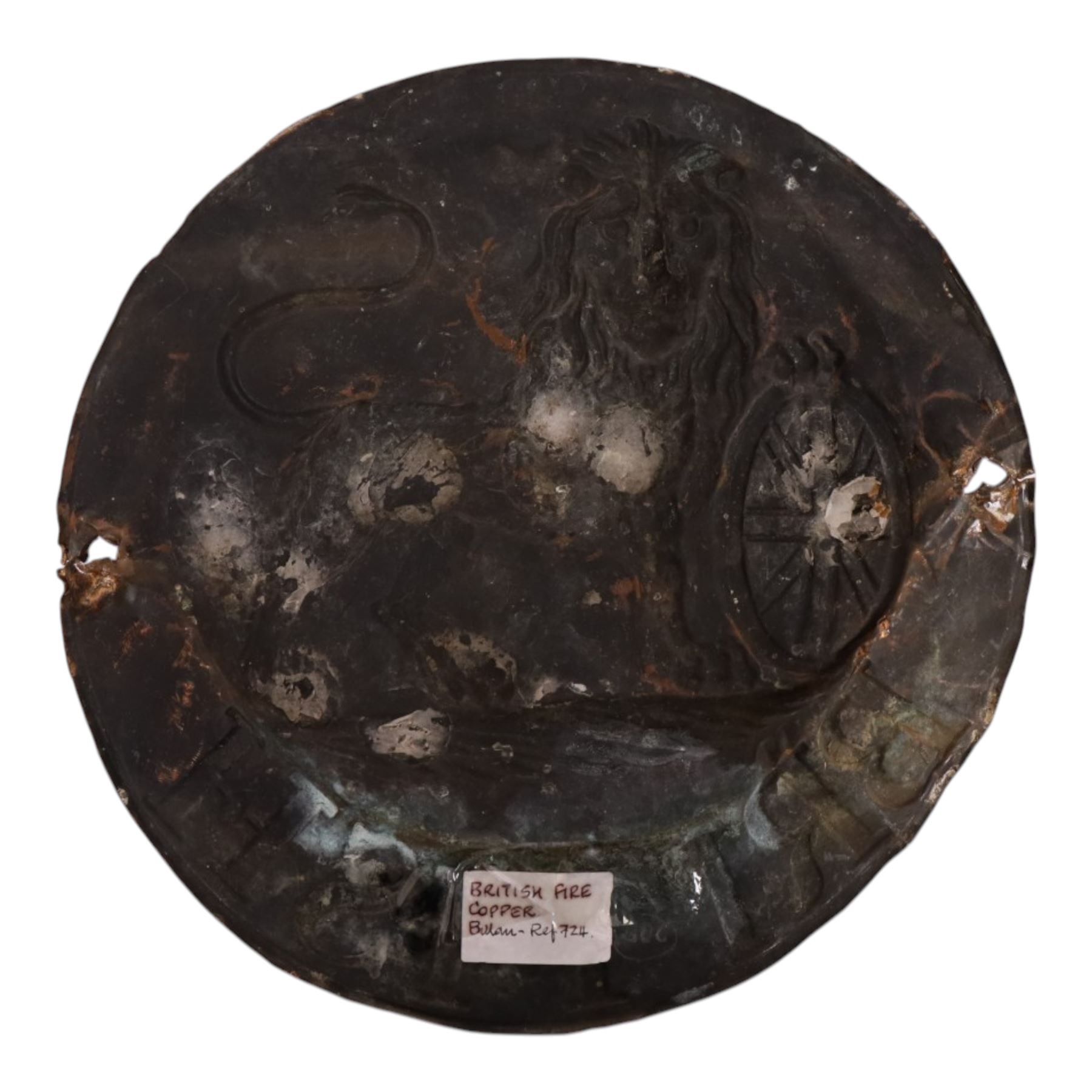 Two 19th century fire insurance marks, comprising tin County Fire Office, mounted upon oak backing, Lead Royal Exchange Assurance, mounted upon circular oak frame, together with a Milners' Fire Resisting Safe plaque, 
