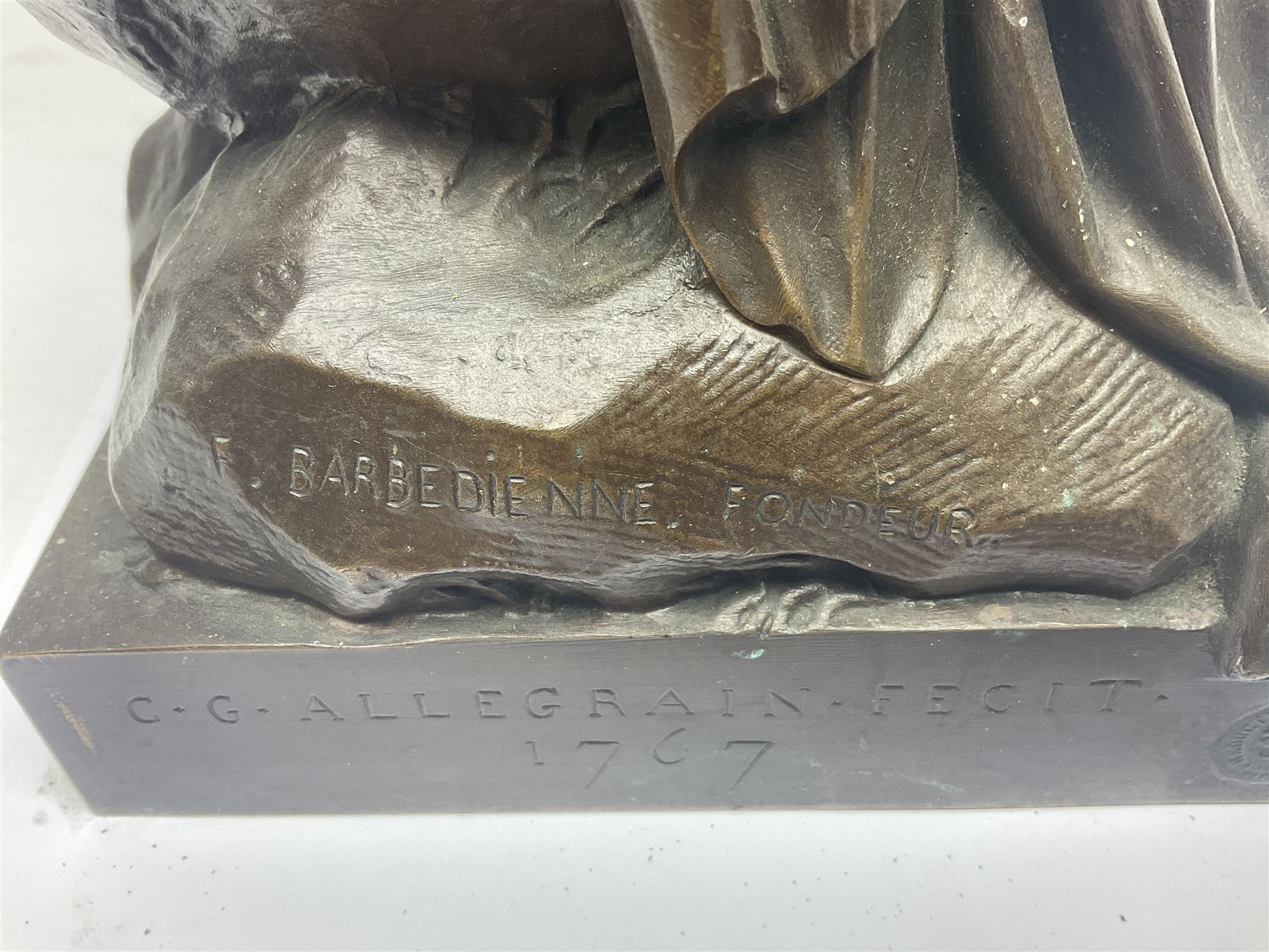 After Christopher Gabriel Allegrain (1710-1795),  Venus au bain, bronze, upon square plinth, Impressed F Barbedienne Fondeur, the base impressed C G Allegrain Fecit 1767, and bearing Barbedienne foundry seal, overall H51cm