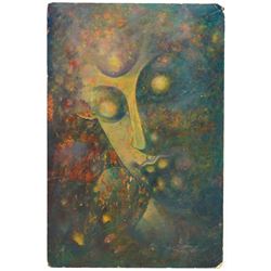 Ngwe Gaing (Burmese 1901-1967): Buddha, oil on board signed and dated '47, 60cm x 40cm
Notes: Painted in 1947, during a period of political unrest preceding Burma’s independence in January 1948. Ngwe Gaing was one of Burma’s leading 20th-century painters. He served as Court Painter to the descendants of the last Burmese king and played a key role in shaping modern Burmese art through both his work and teaching.