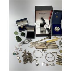 Silver jewellery to include bangles, bracelet, cufflinks, all stamped, pair of boxed Montblanc cufflinks, boxed Mondaine wristwatch, collection of Vintage and later costume jewellery, five silver handled knives, and a boxed Halcyon Days enamel box. 