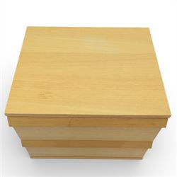 Ikea - 'Oppland' modern oak veneered chest of drawers and a pair of matching bedside chests, with moulded handles across the full width of the drawer, raised on block feet, Bedside tables (H 57cm, D 50cm, W 60cm) 