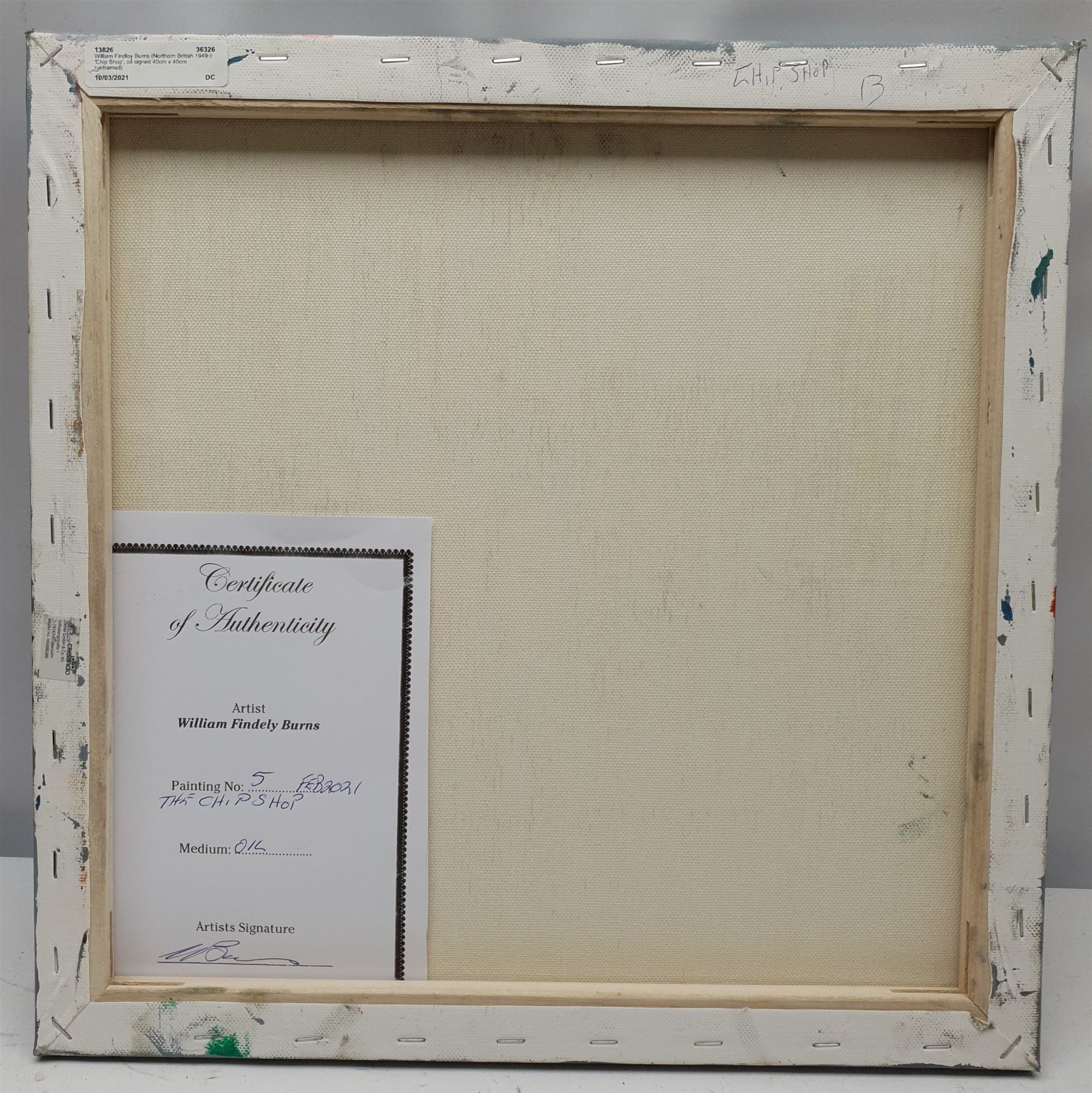 William Findley Burns (Northern British 1949-): 'The Chip Shop', oil on canvas signed, titled verso 40cm x 40cm (unframed)