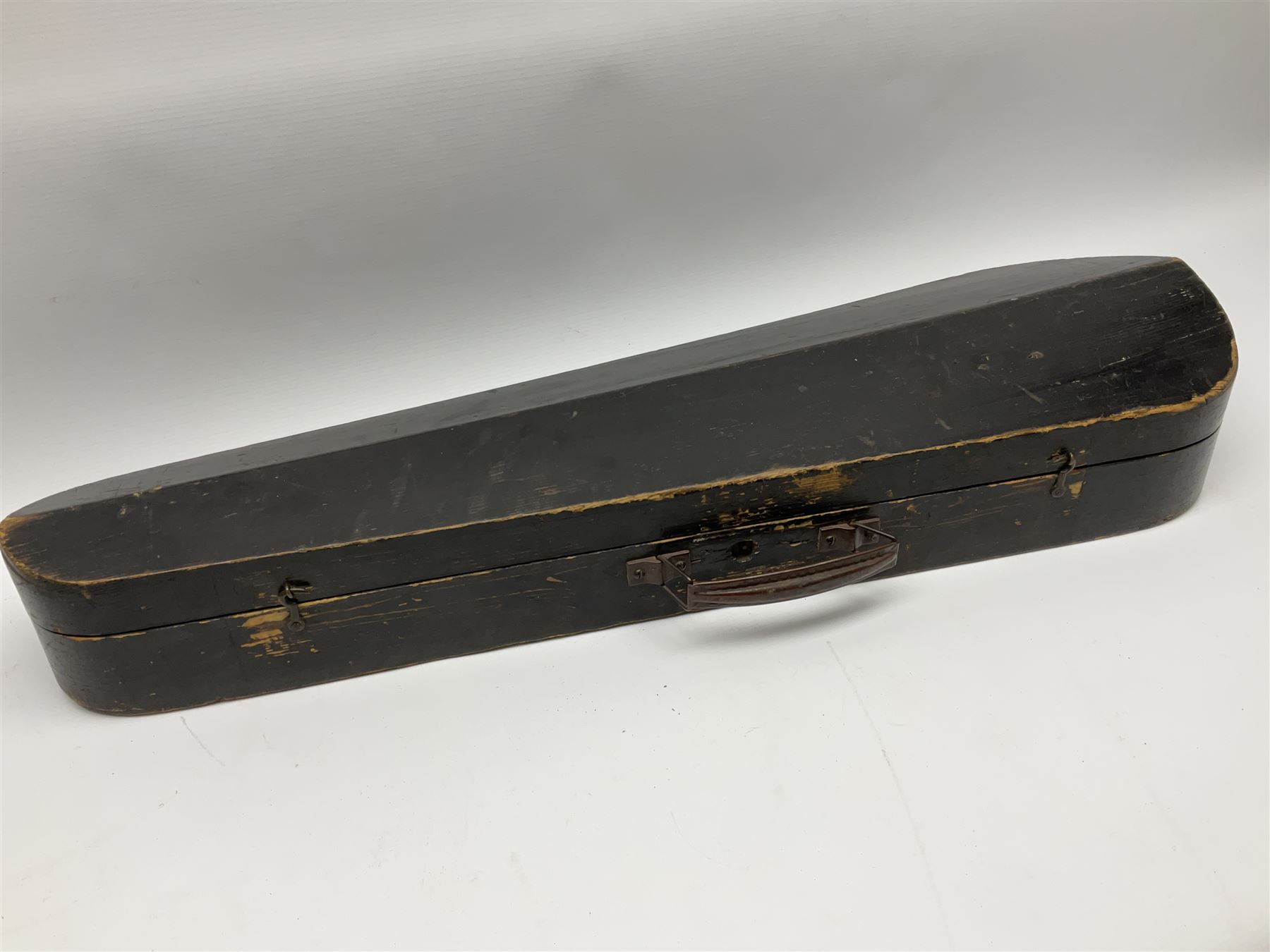 Late 19th century German violin with 36cm two-piece maple back and ribs and spruce top; bears label for 'Thomas Jacklin Violin Maker & Repairer Hull 1879'; 60cm overall; in ebonised wooden coffin case.