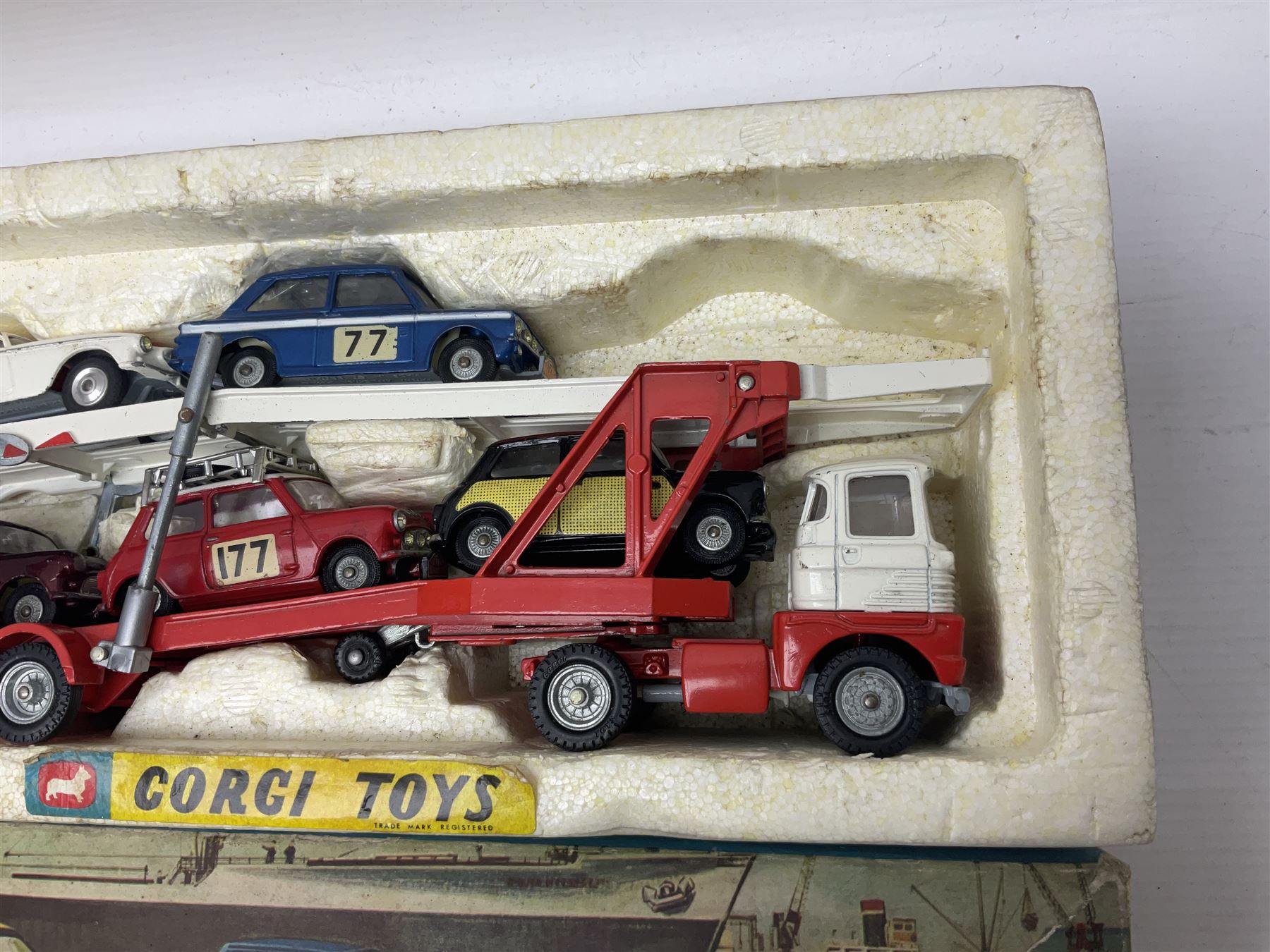 Corgi - Gift Set no.41 comprising Carrimore Mark Iv Transporter, Morris Mini-Cooper, BMC Mini-Cooper S, Morris Mini-Minor, Volvo P.1800 and Sunbeam IMP; missing MGC GT car; in original box 