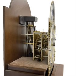 A  20th century longcase clock made to celebrate the millennium in the year 2000, this clock being No 2 of only 200 manufactured by  Richard Broad in Bodmin Cornwall, with a mahogany effect case and traditional swans neck pediment with three brass finials, break arch hood door on a trunk with recessed columns and full length glazed door, on a square plinth with inlay and a shaped base, brass dial with brass spandrels, silvered chapter ring, seconds dial and working moon phase to the arch, weight driven three train movement striking the quarters and hours on 12 gong rods, with a choice of St Michael, Westminster and Wittington chimes, with chime selector and chime/silent facility. With three brass cased weights and gridiron pendulum.





