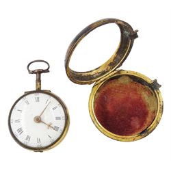 George III gilt and tortoise shell pair cased verge fusee pocket watch by Samuel Corbett, Hadleigh, No. 583, pierced and engraved balance cock, white enamel dial with Roman hours and outer Arabic minute ring, the tortoiseshell outer case painted with fern decoration