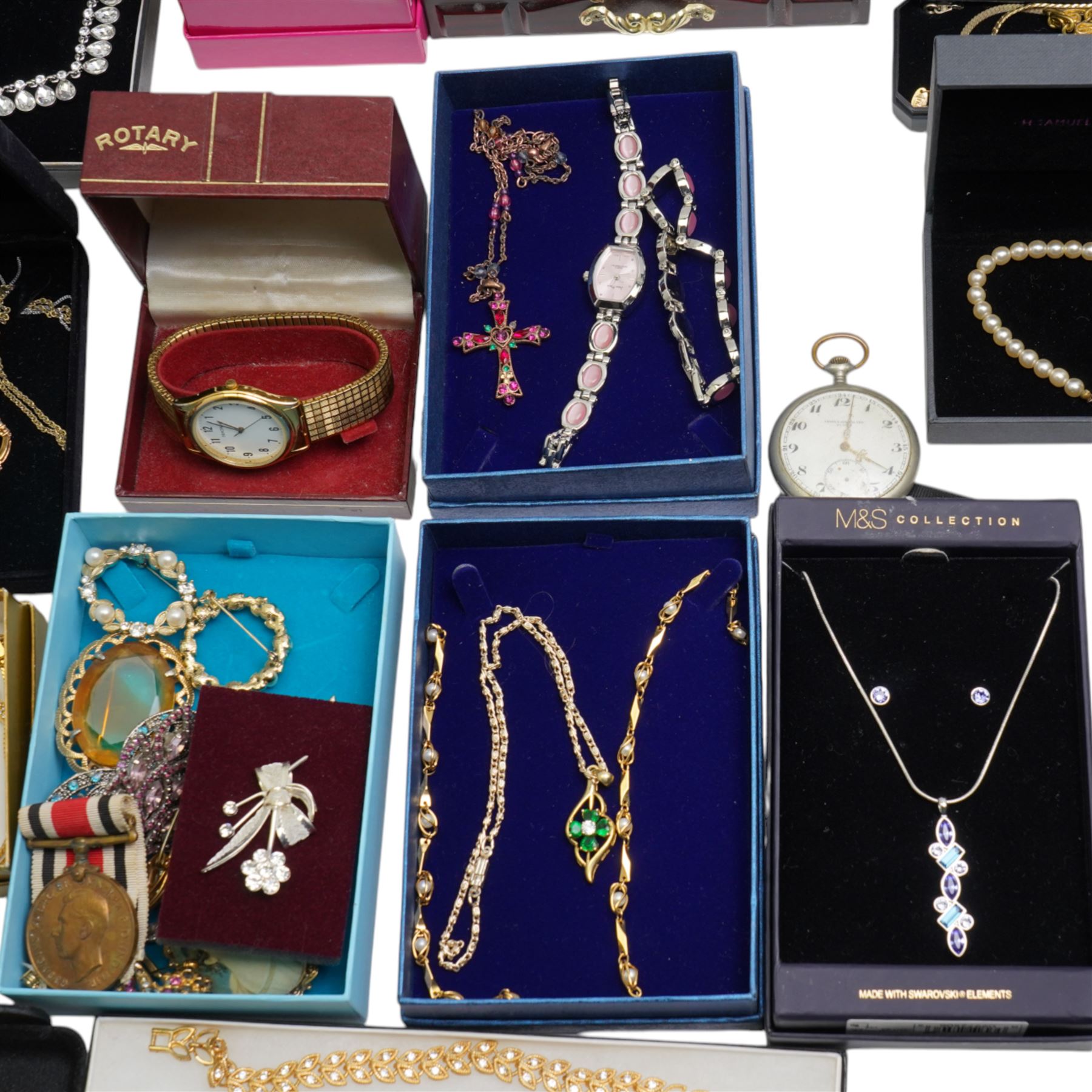 Silver fusee lever pocket watch, silver bangle and pair of silver garnet stud earrings, a large collection of costume jewellery and watches and a George VI Special Constabulary Faithful Service medal to John Dixon