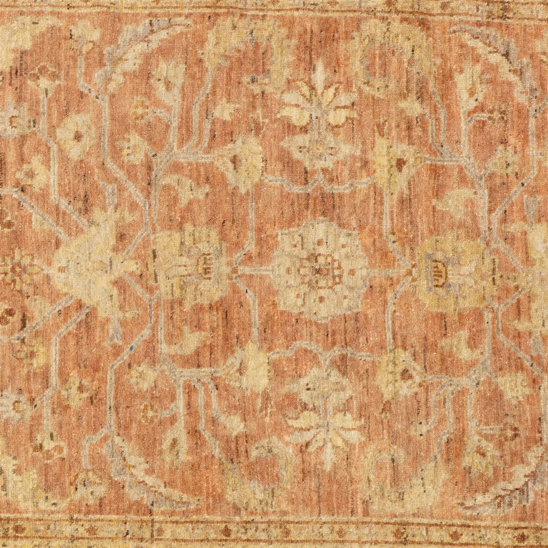 Afghan Ziegler rug, terracotta field with an all-over design of palmettes and stylized foliage in soft beige and gold tones, with a Persian Qum silk prayer rug, with a central tree of life and flowering branches and birds, within multiple floral borders, 88x125cm (2)