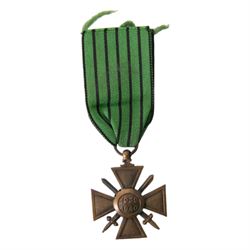 French Vichy uniform cloth insignia, together with Vichy Croix de Guerre 1939-1940, small school handout card of Marechal Petain and Vichy Petain calendar