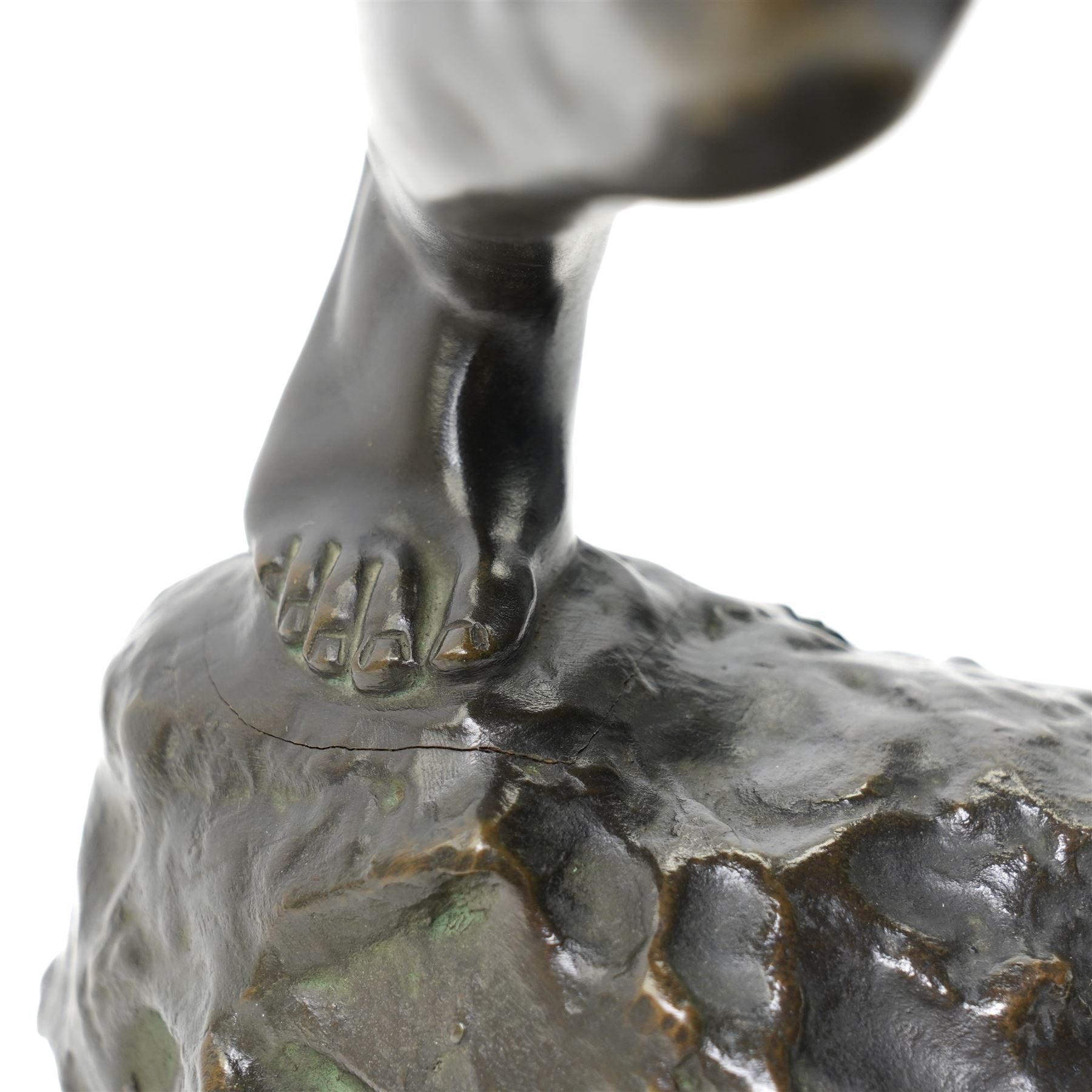 After Jef Lambeaux (Belgian 1852-1908): 'The Wrestlers' (Les Lutteurs), early 20th-century bronze group depicting two Hellenic classically nude male figures engaged in a violent athletic struggle or pankration event, on a naturalistic base signed, H63cm
Notes: the composition may plausibly be interpreted as Hercules and Antaeus, the mythological combat in which Hercules overcomes Antaeus by lifting him from the earth, thereby depriving him of his strength
