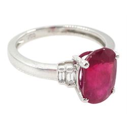 18ct white gold oval cut ruby and four stone baguette cut diamond ring, hallmarked, ruby approx 3.00 carat