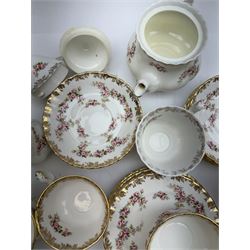 Royal Albert Dimity Rose pattern tea service for six place settings, including teapot, teacups and saucers, sugar bowl and two milk jugs, all with printed mark beneath