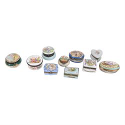 Ten porcelain boxes, of various form, each with printed decoration of figures