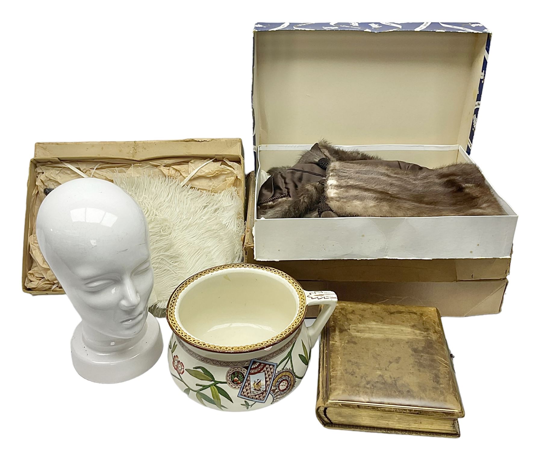 White Ostrich feather fan, together with ceramic head, leather bound photo book, Wedgwood chamber pot and other collectables 