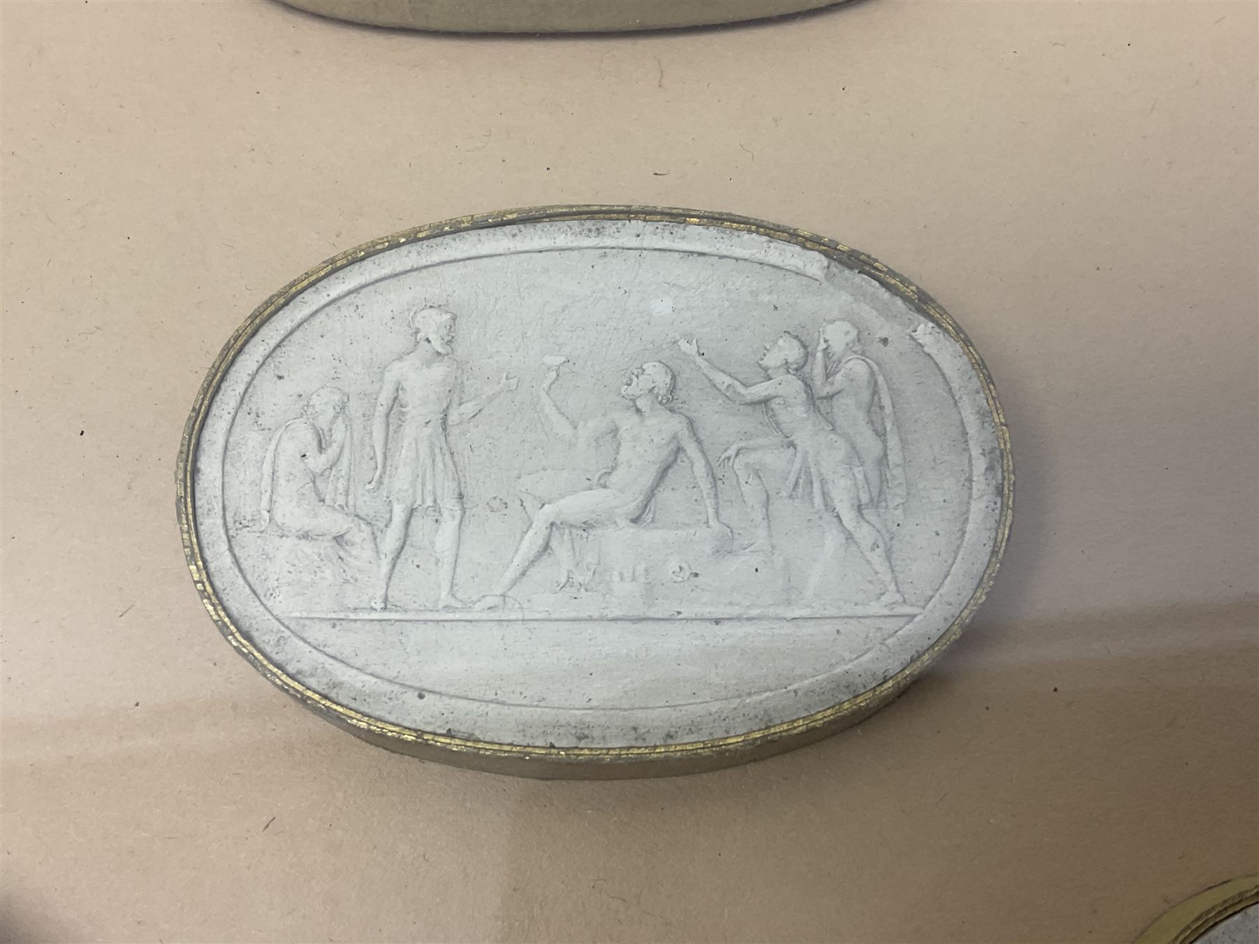 Set of six 19th century Grand Tour plaster intaglios, each depicting classical figures, frame H25cm, W19cm