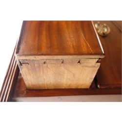  Early 19th century inlaid mahogany bow front chest, two short and three long drawers with oval brass plate handles, splayed feet, W105cm, H105cm, D54cm  