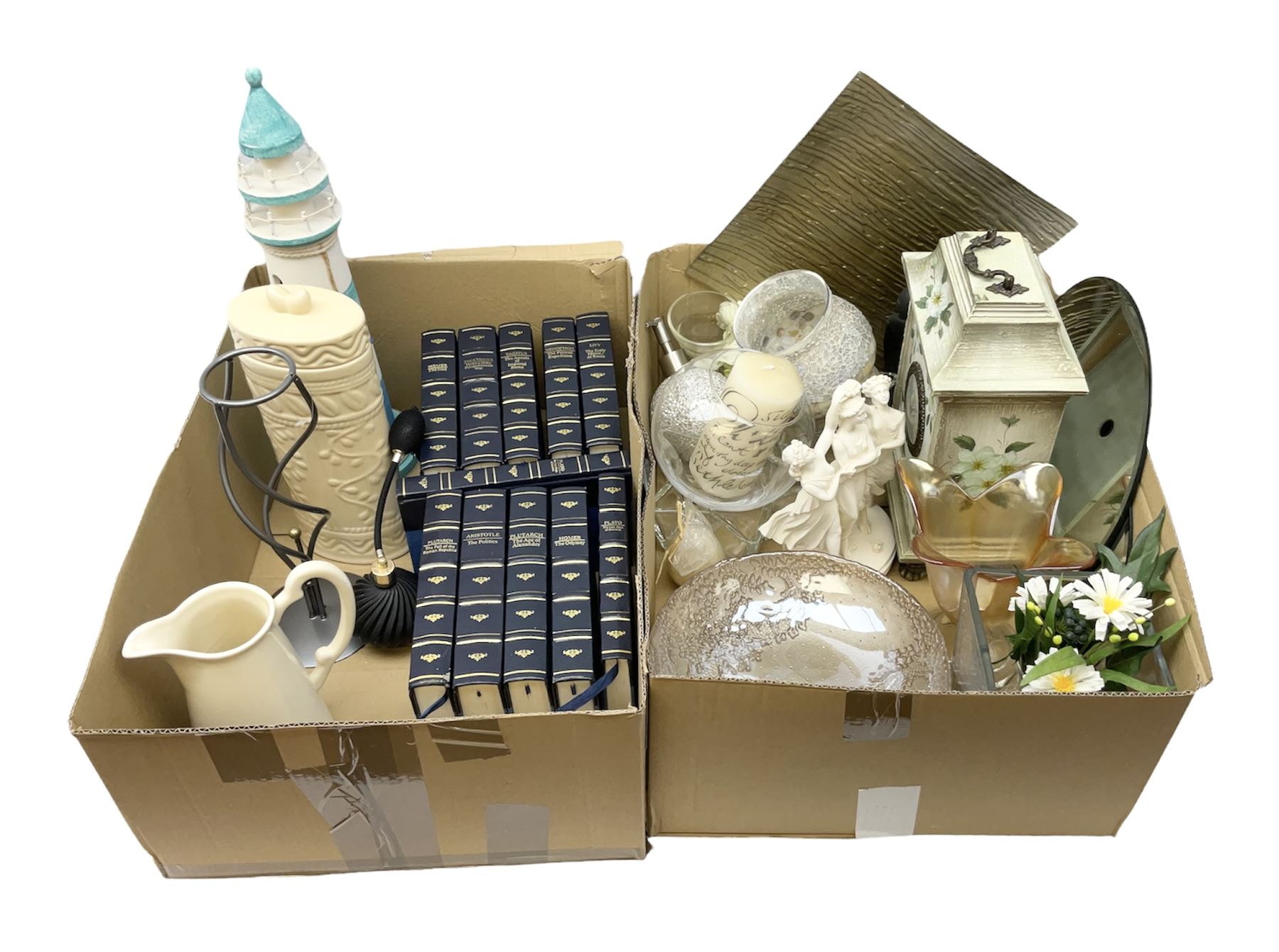Quantity of glassware and ceramics to include Royal Doulton 'Sisters' matte black figure, vases, clock, and a quantity of Penguin books etc in two boxes