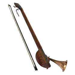 Fruitwood and elm single string phono fiddle with long neck and copper horn L76cm; and a violin bow (2)