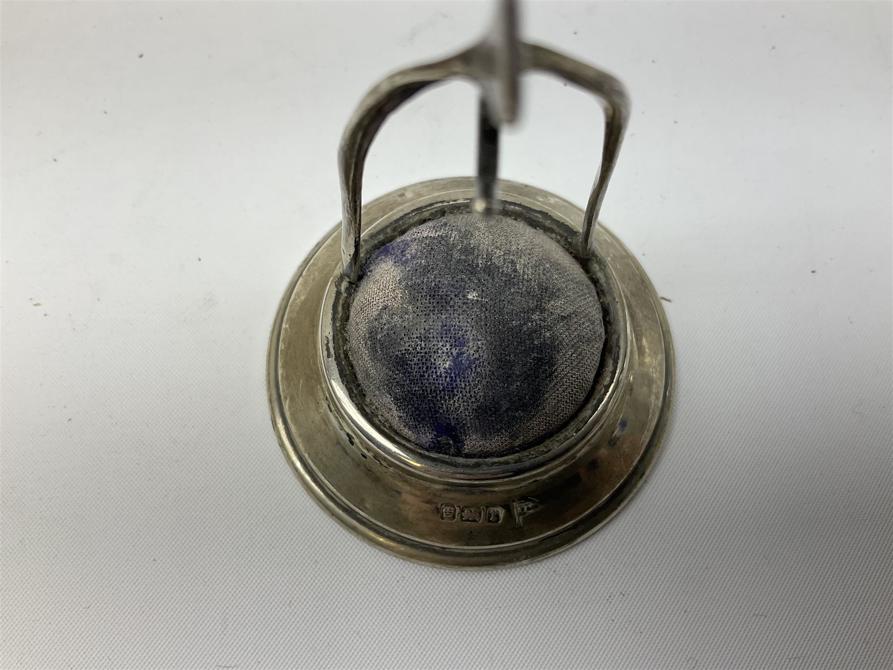 Silver hallmarked novelty pin cushion and pocket watch stand modelled as a wish bone