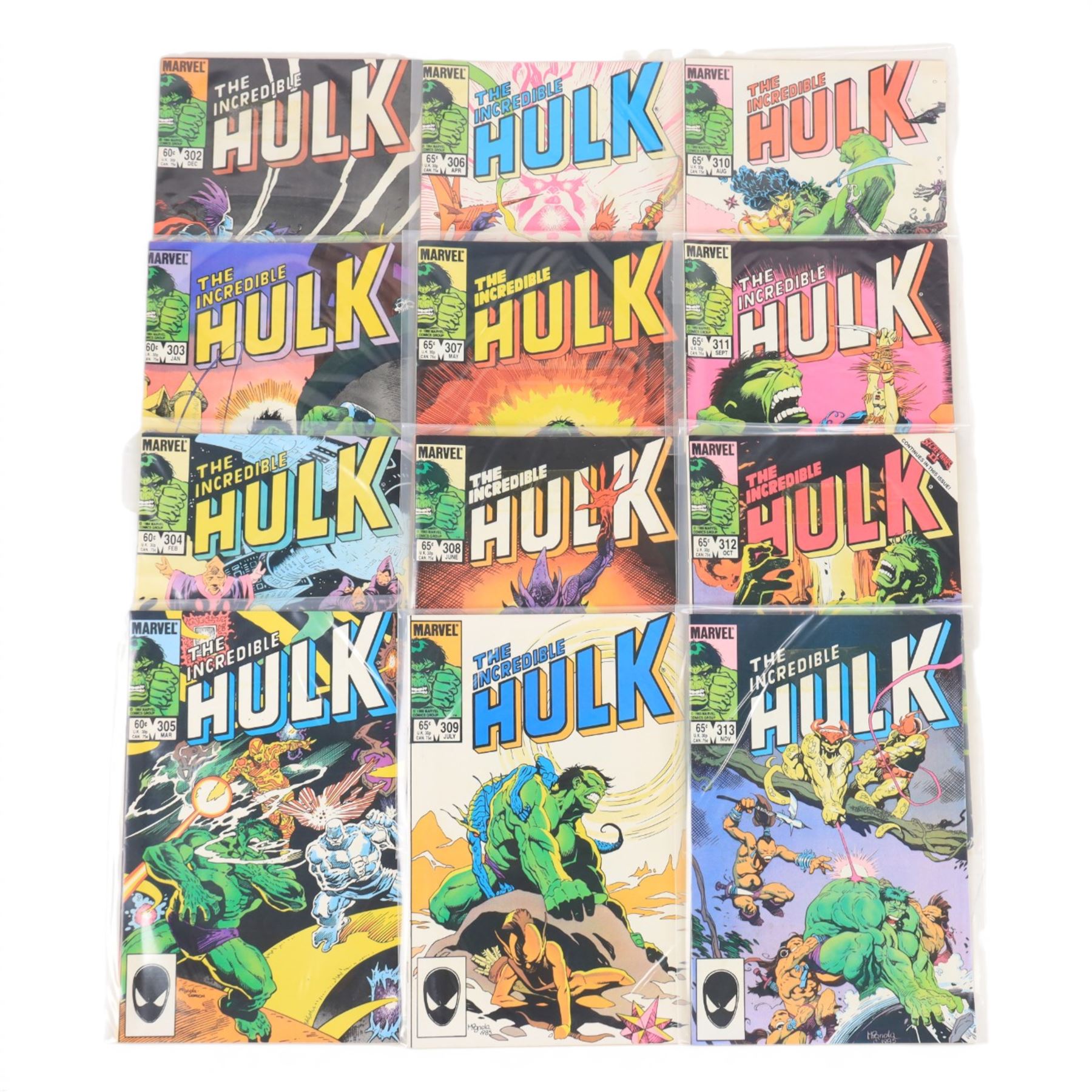 Sixty Marvel Bronze Age and later 'The Incredible Hulk' comic books, spanning years 1984-1992, comprising issues #302-#347, #349, #351-#357, #394, King Size Specials #2 and #3 and annuals #11, #12 and #15