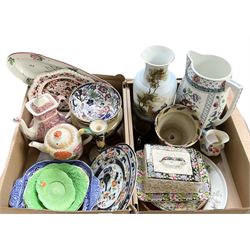 Assorted ceramics, to include Spanish hand painted vase, Wedgwood blue and white serving dish, Masons Franklin pattern dish, Torquay pottery candlestick decorated with fruit, various decorative plates, etc., in two boxes 
