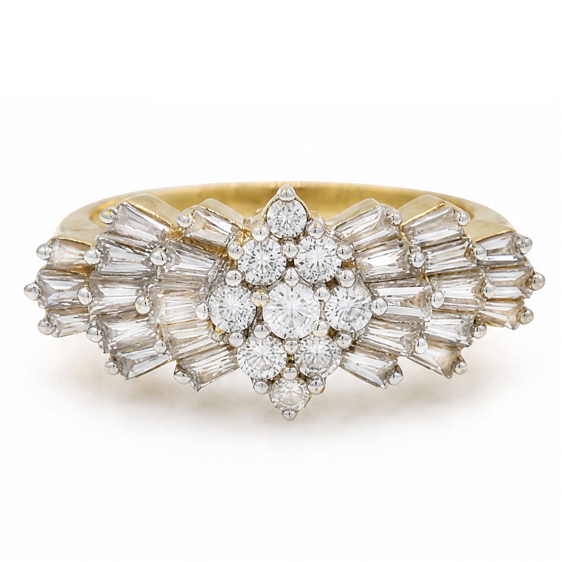 Iliana 18ct gold diamond Ballerina ring, nine round brilliant cut marquise set diamonds, with three rows of tapered baguette cut diamonds set either side, stamped, total diamond weight 1.00 carat
